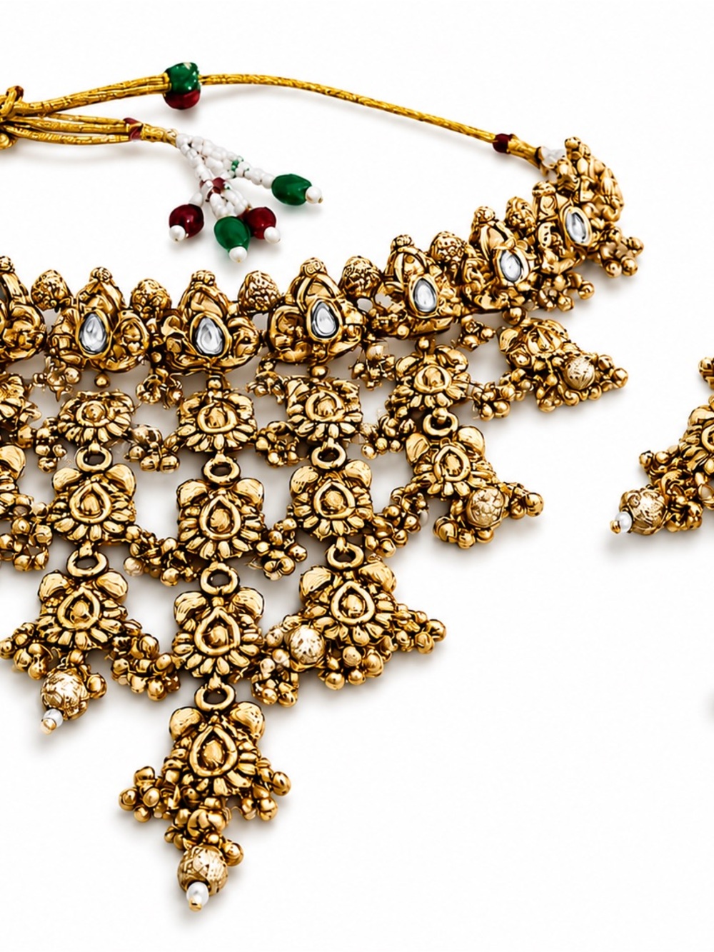 Traditional Gold-Tone Temple Necklace Set with Pearled Drops